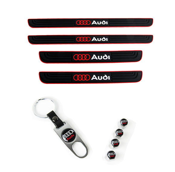 Audi Set 4PCS Car Door Rubber Scuff Sill Panel Step Protector with Wheel Tire Valves Dust Stem Air Caps Keychain