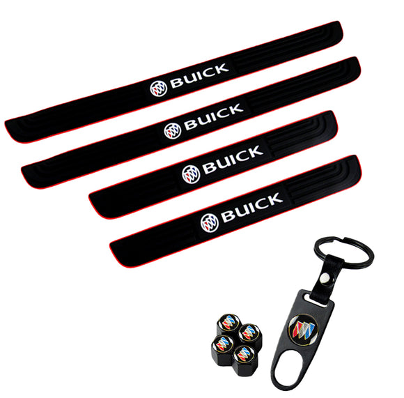 BUICK Set Car Door 4PCS Rubber Scuff Sill Panel Step Protector with Tire Wheel Valves Dust Stem Air Caps Keychain