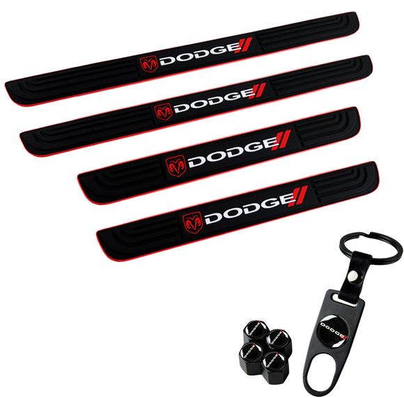 DODGE Set 4PCS Car Door Rubber Scuff Sill Panel Step Protector with Keychain Wheel Tire Valves Dust Stem Air Caps