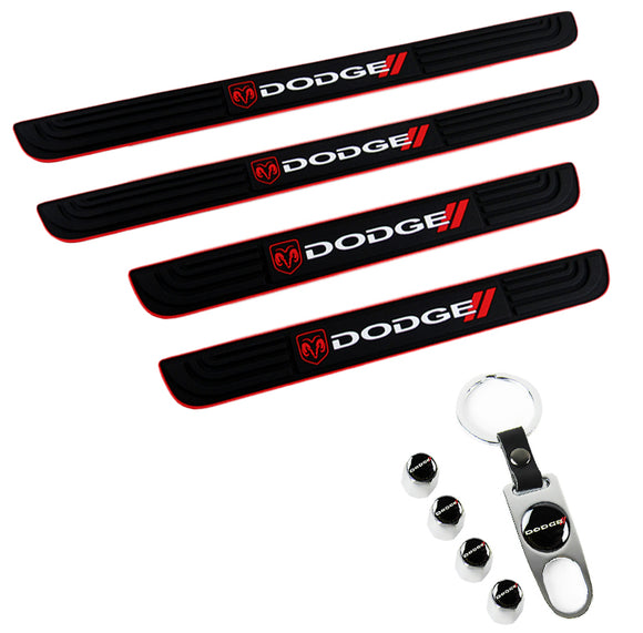 DODGE Set 4PCS Car Door Rubber Scuff Sill Panel Step Protector with Wheel Tire Valves Dust Stem Air Caps Keychain