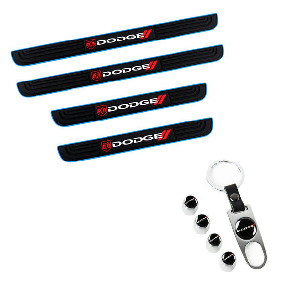 DODGE Set Car Door Rubber Scuff Sill Panel 4PCS Step Protector with Wheel Tire Valves Dust Stem Air Caps Keychain