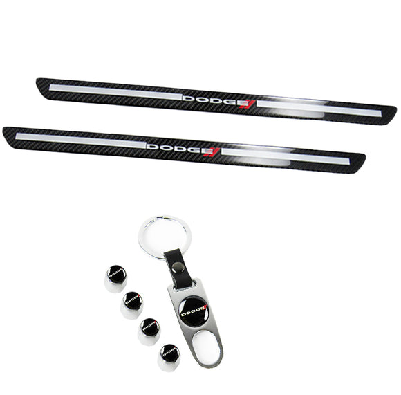 DODGE Set Carbon Car Door Scuff Sill Panel 2PCS Step Protector with Keychain Wheel Tire Valves Dust Stem Air Caps