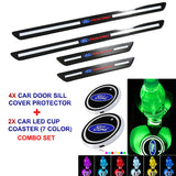 For Ford Carbon Fiber Car Door Welcome Plate Sill Scuff Cover Panel Sticker 4PCS Set with LED Coaster