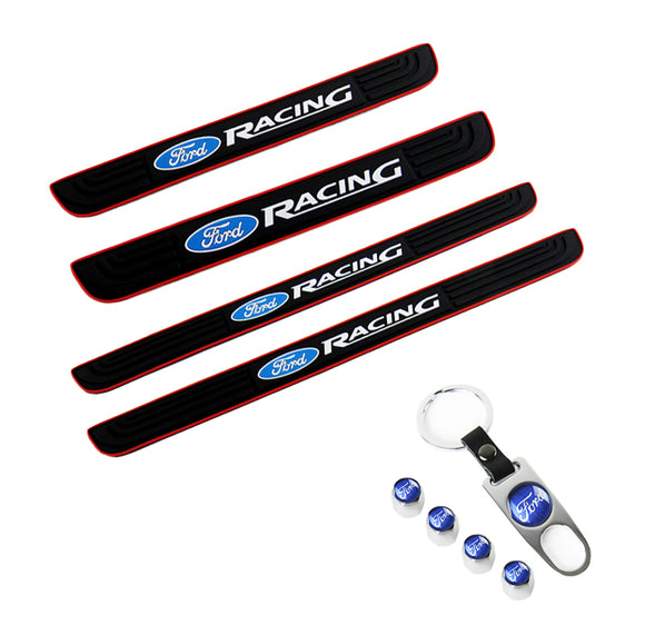 Ford Racing Set Car Door 4PCS Rubber Scuff Sill Panel Step Protector with Keychain Wheel Tire Valves Dust Stem Air Caps