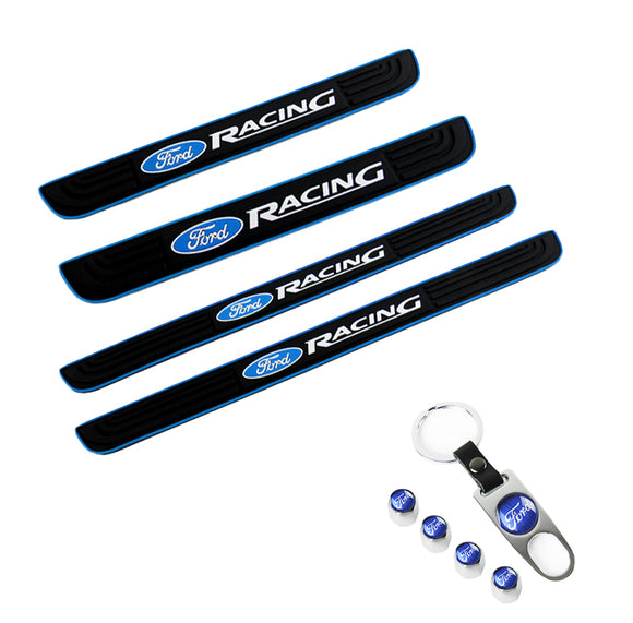 Ford Racing Set Car Door Rubber Scuff Sill Panel 4PCS Step Protector with Tire Wheel Valves Dust Stem Air Caps Keychain