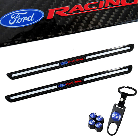 Ford Racing Set Carbon Car 2PCS Door Scuff Sill Panel Step Protector with Keychain Wheel Tire Valves Dust Stem Air Caps