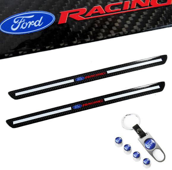 Ford Racing Set Carbon Car Door Scuff Sill Panel 2PCS Step Protector with Keychain Wheel Tire Valves Dust Stem Air Caps