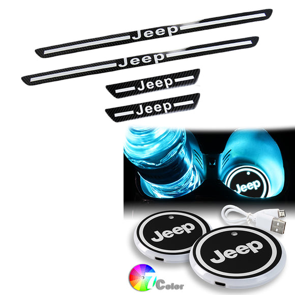 Jeep Carbon Car Door Welcome Plate Sill Scuff Cover Decal Sticker 4PCS Set with LED Coaster