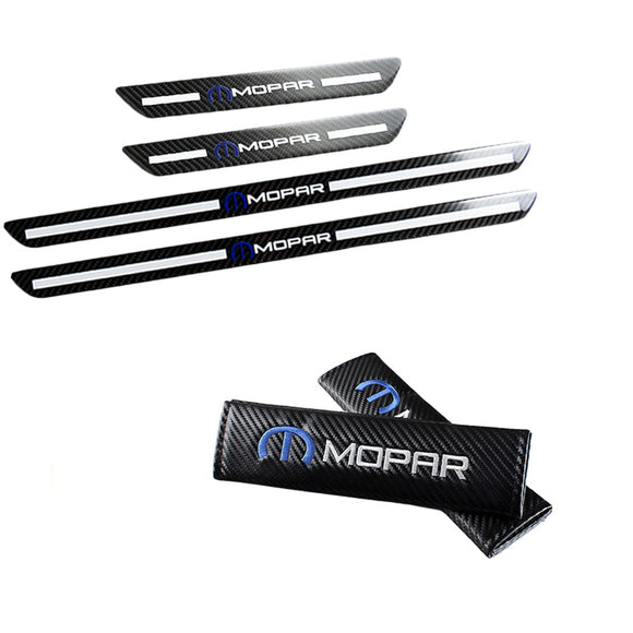 Mopar Carbon Car Door Welcome Plate Sill Scuff Cover Decal Sticker 4PCS Set with Seat Belt Covers