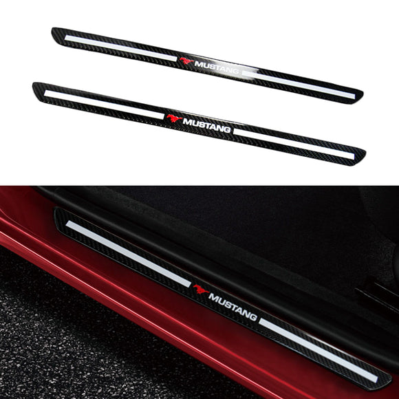 For Mustang Carbon Fiber Car Front Door Welcome Plate Sill Scuff Cover Decal Sticker 2pc Set