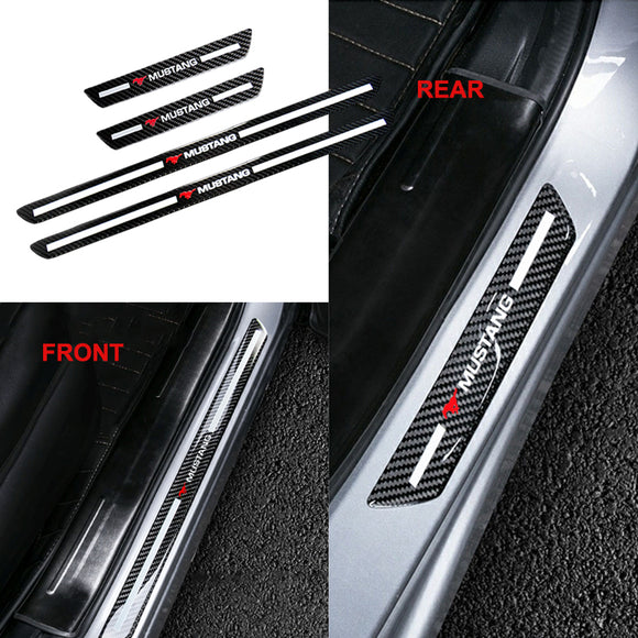 For Mustang Carbon Fiber Car Door Welcome Plate Sill Scuff Cover Decal Sticker 4pc Set