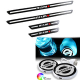 Nissan Nismo Carbon Fiber Car Door Welcome Plate Sill Scuff Cover Panel Sticker 4PC Set with LED Coaster