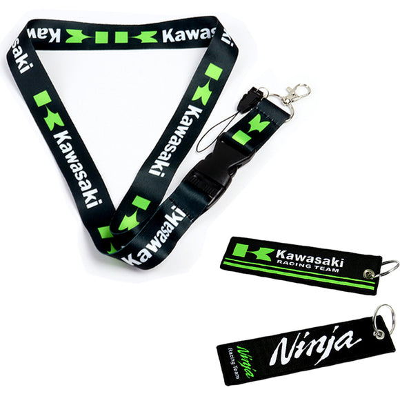KAWASAKI NINJA Racing Set Biker Lanyard Motorcycle Key chain Black Strap Tag with DOUBLE SIDED Keychain