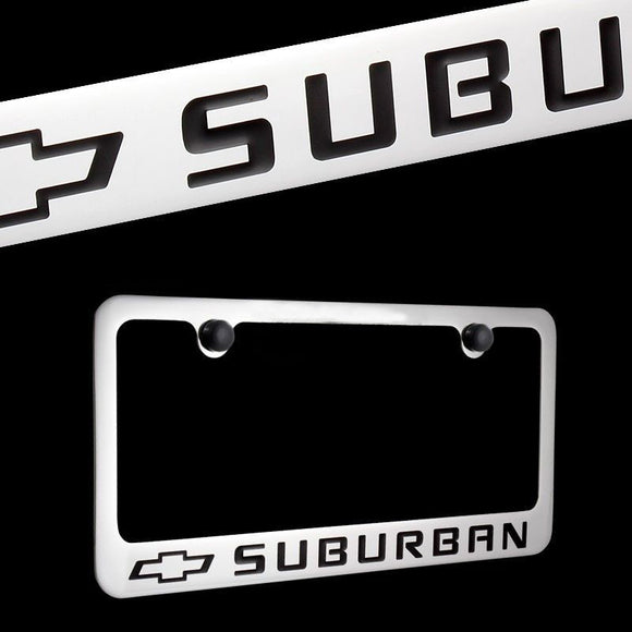 Chevy Chevrolet Suburban Chrome Brass Metal License Plate Frame with Black Caps