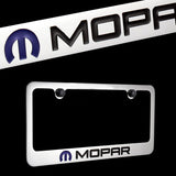 DODGE MOPAR LOGO Chrome Brass Metal License Plate Frame w/ Black Caps AUTHENTIC