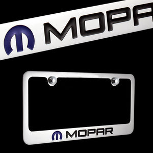 DODGE MOPAR LOGO Chrome Brass Metal License Plate Frame w/ Chrome Caps AUTHENTIC
