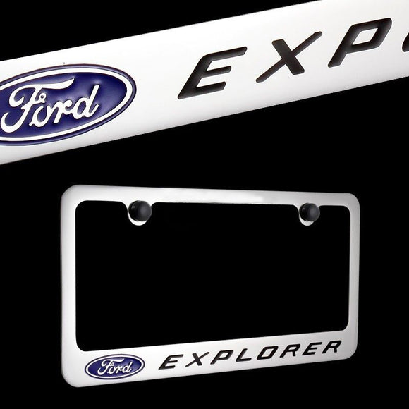 FORD EXPLORER Chrome Plated Brass License Plate Frame with Black Caps AUTHENTIC