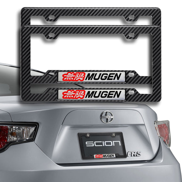 Mugen Carbon Fiber Look ABS License Plate Frame with Emblem x2