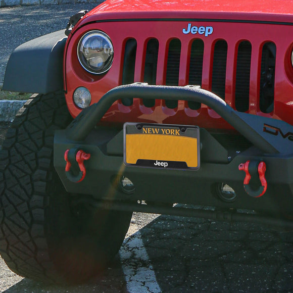 Au-Tomotive Gold Genuine JEEP Laser Etched Logo Black Stainless Cut-Out License Plate Frame GF.JEE.EB