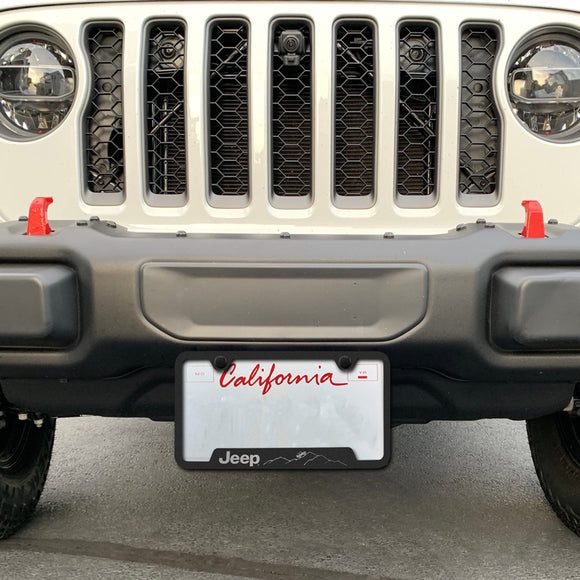 Au-Tomotive Gold Genuine JEEP Laser Etched Logo Mountain Rugged Black Stainless Steel Cut-Out License Plate Frame GF.JEEM.ERB
