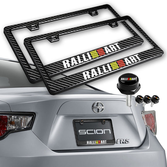 Ralliart 100% Real Carbon Fiber License Plate Frame 2 pcs with Caps Bolts & Screws SET