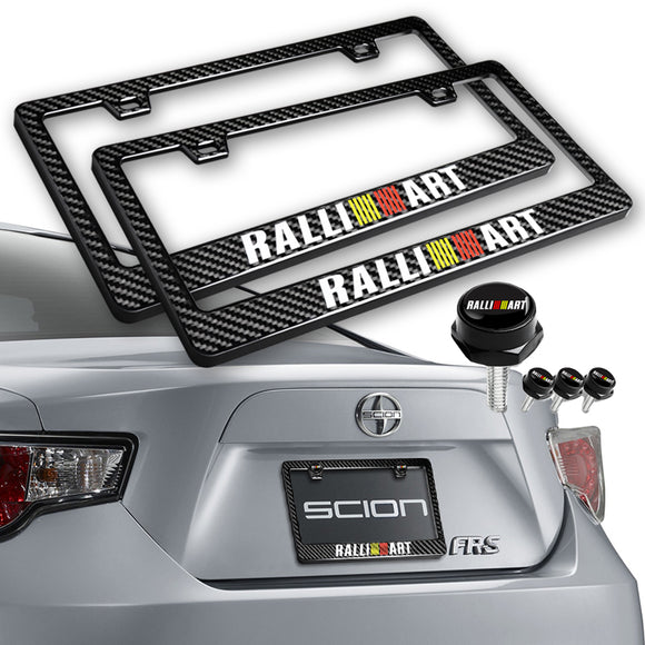 Ralliart 100% Real Carbon Fiber License Plate Frame 2 pcs with Caps Bolts & Screws SET