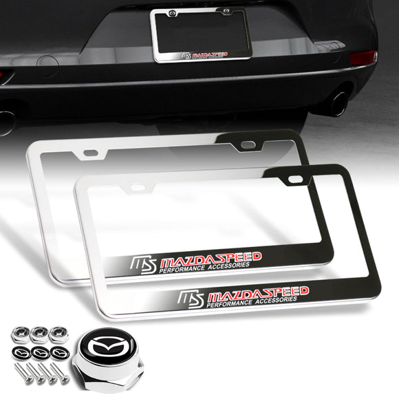 MAZDA Mazdaspeed 2 pcs Stainless Steel License Plate Frame with Caps Bolt Screw Set
