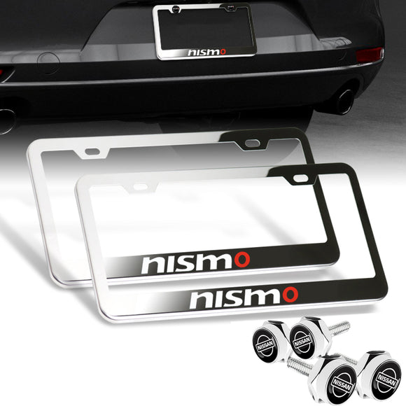 New Nissan Nismo 2 pcs Stainless Steel License Plate Frame with Caps Bolt Screw Set