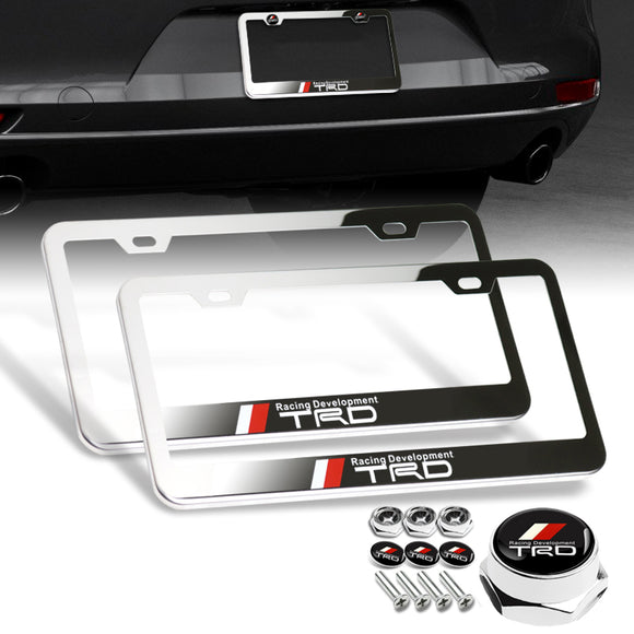 New TRD 2 pcs Stainless Steel License Plate Frame with Caps Bolt Screw Set