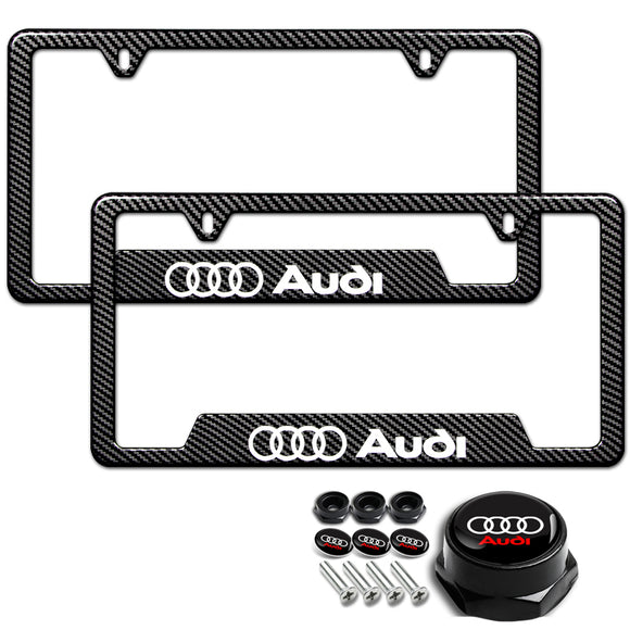 For AUDI 2 pcs Carbon Fiber Look High Quality ABS License Plate Frames with Caps Bolt Screw Set