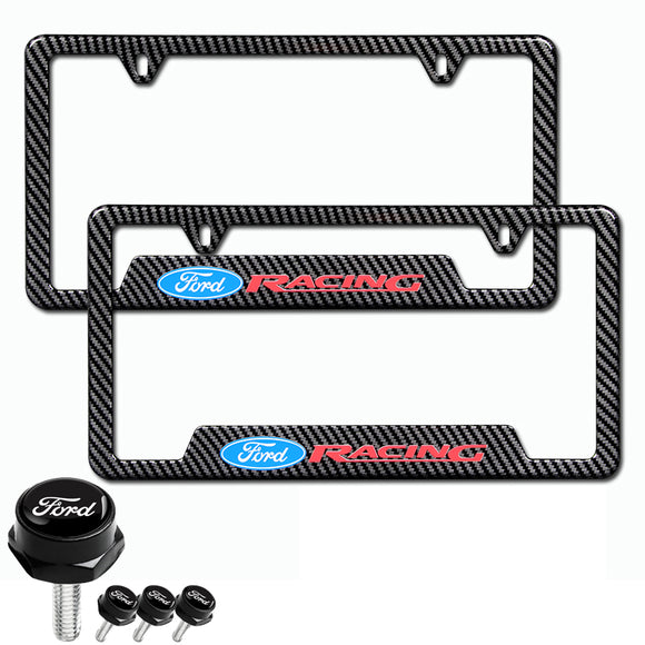 Ford Racing 2 pcs Carbon Fiber Look High Quality ABS License Plate Frames with Caps Bolt Screw Set New