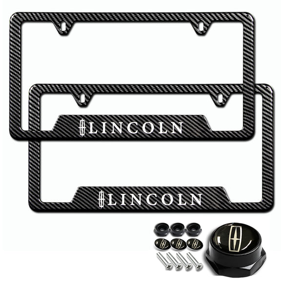 Lincoln 2 pcs Carbon Fiber Look High Quality ABS License Plate Frames with Caps Bolt Screw Set