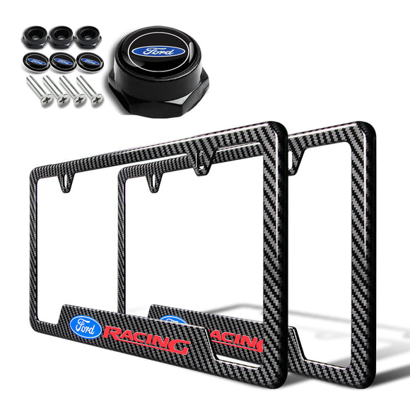 Ford 2 pcs Carbon Fiber Look High Quality ABS License Plate Frames with Caps Bolt Screw Set