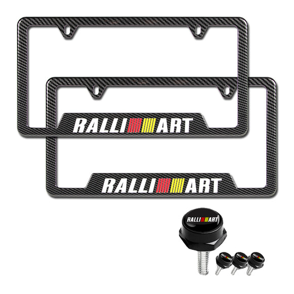 Ralliart 2 pcs Carbon Fiber Look High Quality ABS License Plate Frames with Caps Bolt Screw Set