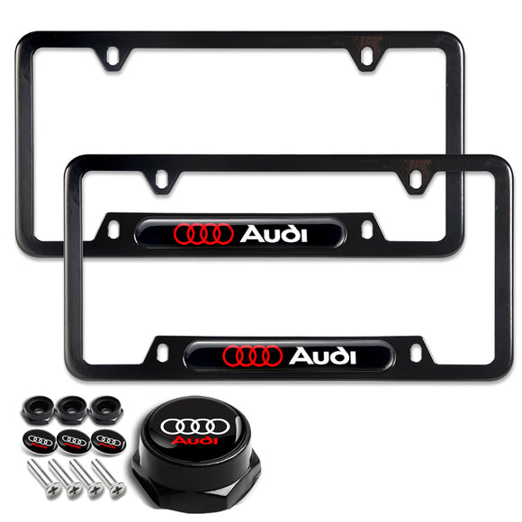 AUDI Black Stainless Steel Metal License Plate Frame 2 PCS NEW with Caps Bolt SET