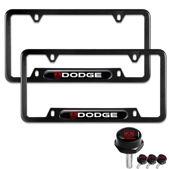 DODGE Black Stainless Steel License Plate Frame 2pcs with Caps Bolt SET Brand New