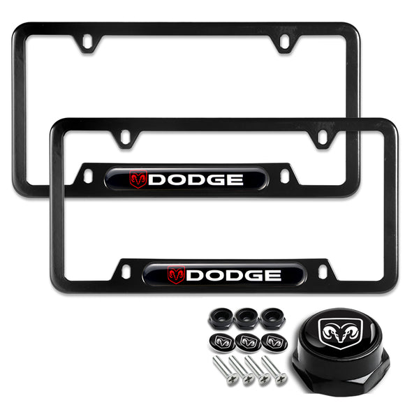 DODGE Black Stainless Steel License Plate Frame 2pcs Brand New with Caps Bolt SET