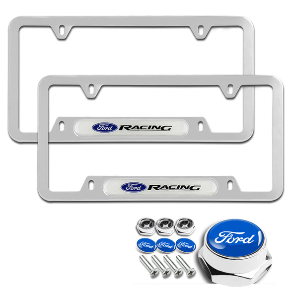 FORD Racing Brand New Stainless Steel 2pcs License Plate Frame with Caps Bolt Chrome SET