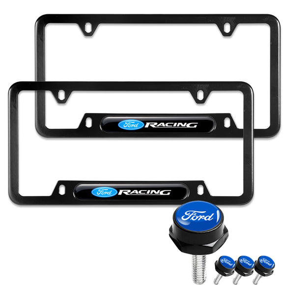 FORD Racing Brand New Stainless Steel 2pcs Black License Plate Frame with Caps Bolt SET