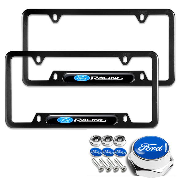 FORD Racing Brand New Stainless Steel SET 2pcs Black License Plate Frame with Caps Bolt