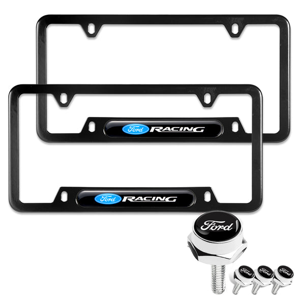 FORD Racing SET Brand New Stainless Steel Black License Plate Frame 2pcs with Caps Bolt