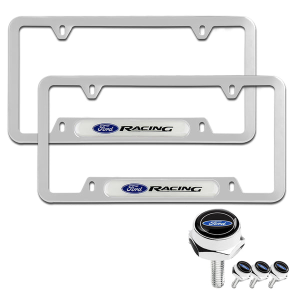 FORD Racing Stainless Steel 2pcs License Plate Frame with Caps Bolt Chrome Brand New SET