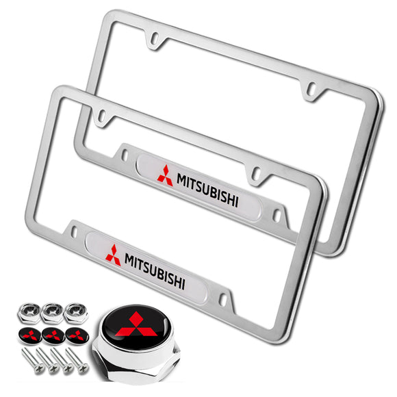 MITSUBISHI Stainless Steel 2pcs License Plate Frame with Caps Bolt Brand New SET
