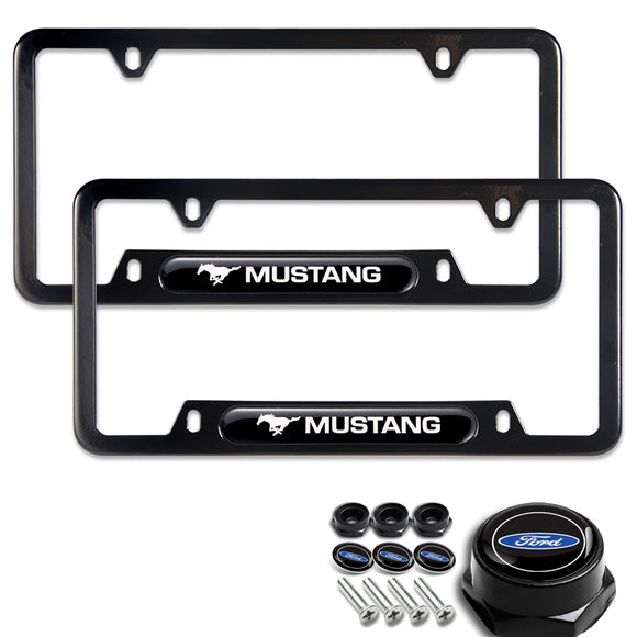 Black Ford Mustang SET Stainless Steel License Plate Frame 2pcs Brand New with Caps Bolt