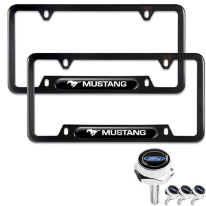 Ford Mustang SET Stainless Steel License Plate Black Frame 2pcs Brand New with Caps Bolt