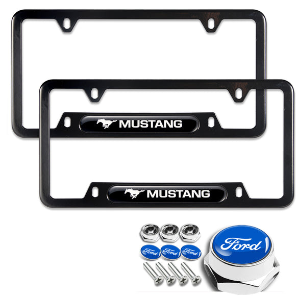 Ford Mustang SET Stainless Steel License Plate Black Frame 2pcs with Caps Bolt Brand New