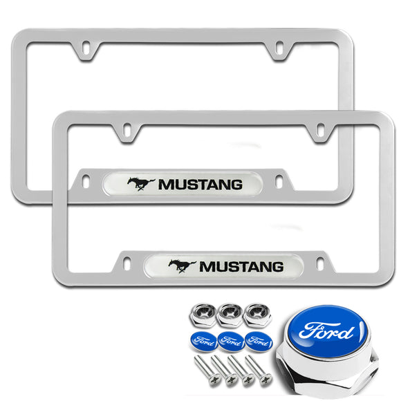 New Ford Mustang SET Stainless Steel License Plate Frame 2pcs with Caps Bolt