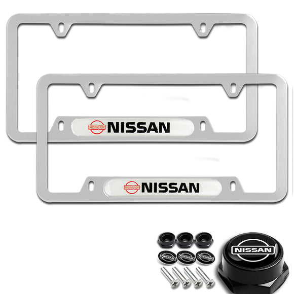 NISSAN Brand New SET Stainless Steel License Plate Frame 2pcs with Caps Bolt