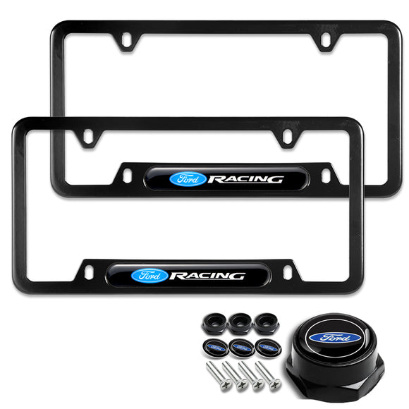 FORD Racing Brand New Stainless Steel Black SET License Plate Frame 2pcs with Caps Bolt