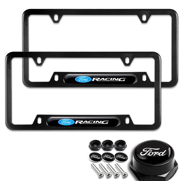 FORD Racing SET Stainless Steel Black License Plate Frame 2pcs Brand New with Caps Bolt